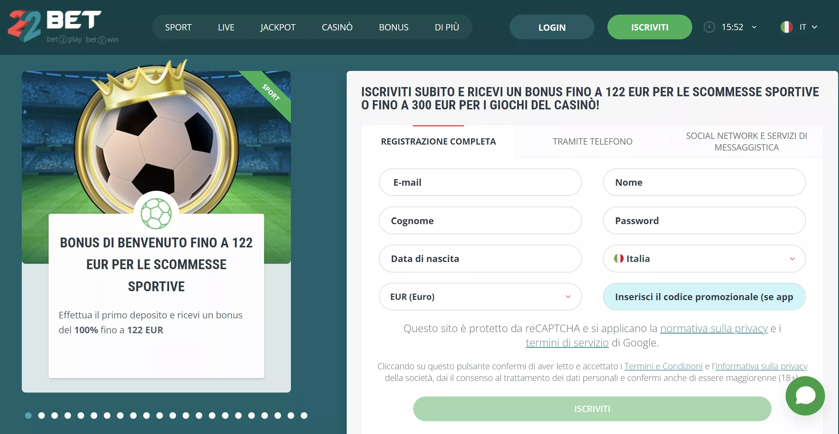 22bet bonus senza deposito TOC 9